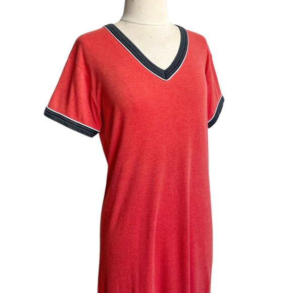 70s 80s Vintage T-shirt Dress Maxi Ringer V-neck Soft Thin Contrast Collar. - Picture 2 of 9